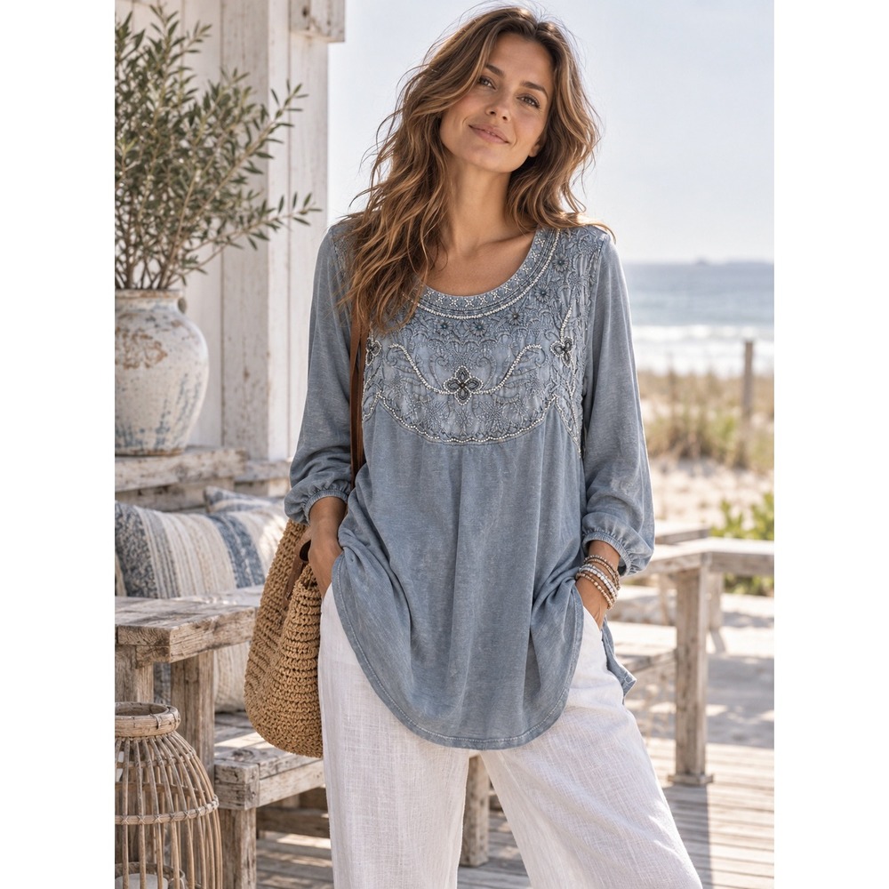 Soft Surroundings Embroidered Beaded Boho Top Blue Gray Lagenlook Slub Knit M